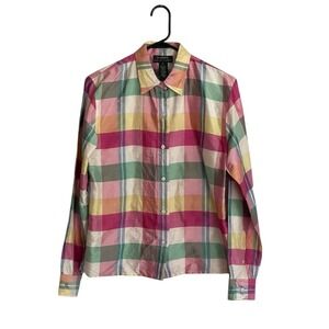 Lauren Ralph Lauren 100% Silk Top Small Multicolor Plaid Button Easter Spring